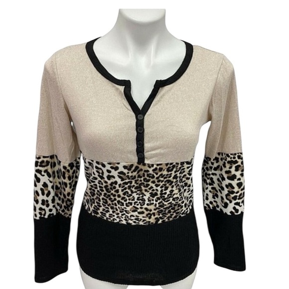 No Boundaries Tops - No Boundaries Beige and Black Leopard Print Blouse
